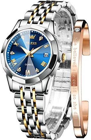 OLEVS Damenuhr Diamant Analoge Armbanduhr mit Kleines Blau Gesicht Edelstahlband wasserdichte Datum Uhr