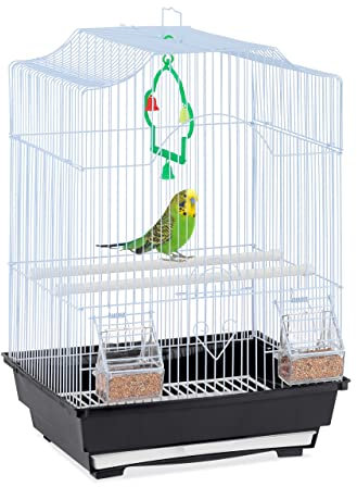 Relaxdays Vogelkäfig mit Zubehör, HBT: 49,5 x 35 x 32 cm, Käfig für Wellensittiche & Kanarienvögel, hellblau/schwarz