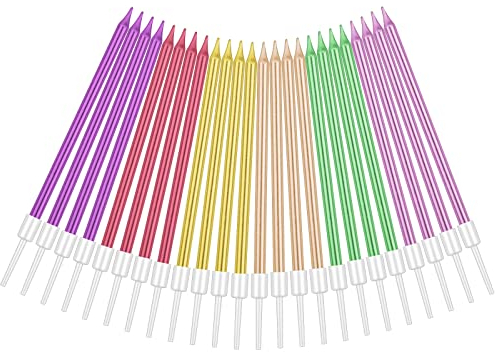 URAQT Geburtstagskerzen Kuchen, 24 Stück Lange Geburtstagskerzen mit Haltern für Kinder & Erwachsene, Dekorative Geburtstagstorte, Hochzeitsparty, Abschlussfeier (Bunt)