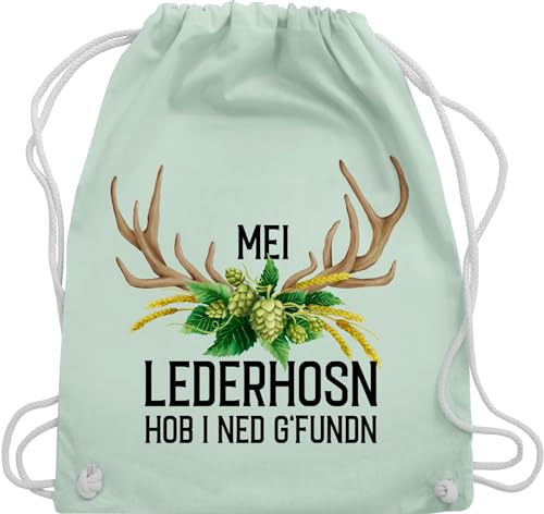Turnbeutel Rucksack - Kompatibel mit Oktoberfest Tasche - Mei Lederhosn hob i ned g'fundn - Hirschgeweih Weizen und Hopfen - Unisize - Pastell Grün - trachtenrucksack bayrische trainingsbeutel