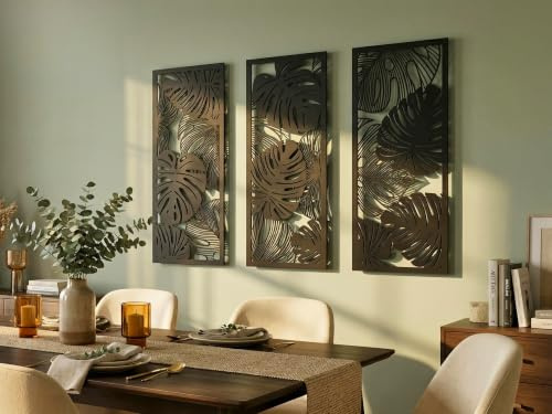 Vailla Feuilles Tropicales Décoration Murale Bois 3D – Cadre Mural Salon | MDF, Découpé au laser, Feuilles tropicales Monstera, 5 tailles, Noir Argent Or, personnalisable, Salon Chambre