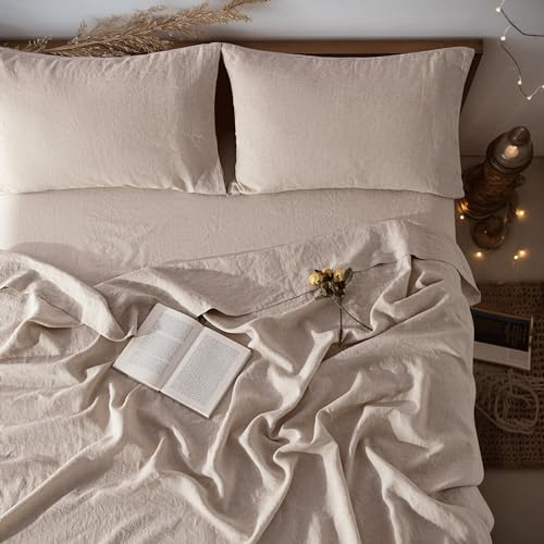 LBRO2M Set di lenzuola in 100% lino, per letto matrimoniale, 4 pezzi, in lino naturale, tinta unita, morbide, traspiranti, con tasca profonda 40,6 cm, per tutte le stagioni (completo, lino)