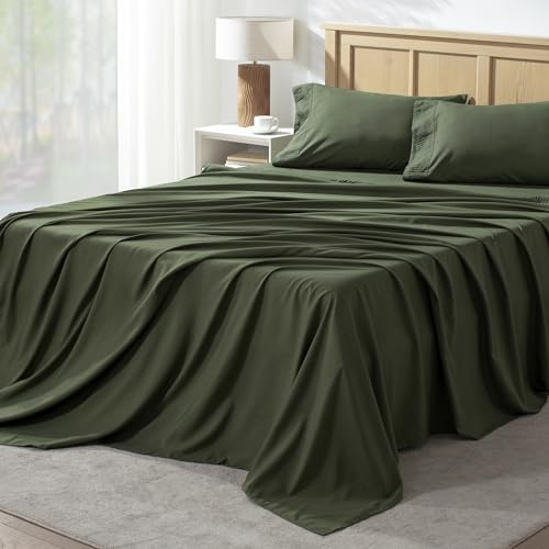 Andency Queen Sheet Set 4 Pieces, Dark Olive Green Super Soft Sheets for Queen Size Bed, Microfiber Queen Sheet, Deep Pocket Up to 16, Hotel Luxury Breathable & Cooling Bed Sheet Set
