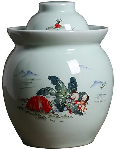 Fermentation Crock Fermenting Jars Water Seal Chinese Jingdezhen Ceramics Pickle Jar, Household Thickened Double Lid Seal Kimchi Jar, Art Deco Painted Pulled Radish Pattern Storage Bucket (Color : A