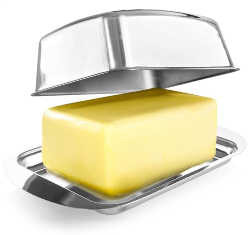 com-four® Burriera in Acciaio Inossidabile - Burriera Grande in Acciaio Inossidabile - Burriera con Coperchio - Contenitore per Burro Lavabile in Lavastoviglie (Color Argento - Molto Lucido)