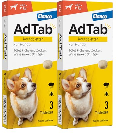 Sparset: Doppelpack AdTab Hunde Zecken- und Flohschutz (> 5,5 bis 11 kg), Kautablette tötet Zecken und Flöhe schnell ab und schützt einen Monat lang, leicht zu verabreichen (3 St. pro Packung)
