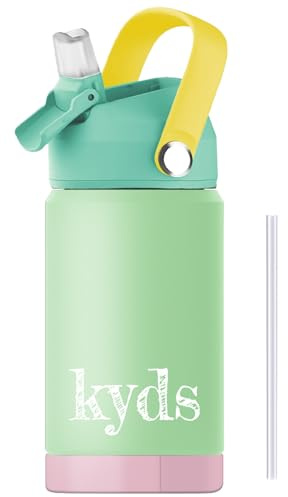 kyds® Trinkflasche Kinder, Thermo Edelstahl Wasserflasche, Auslaufsicher, mit Trinkhalm, hygienischer Klappdeckel, BPA-frei, spülmaschinenfest, Trinkflasche für Schule Sport (Light Green/Rosa, 350ml)