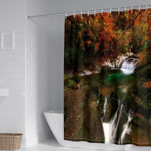 Homxi Duschvorhang Ösen,240 W x 200 H cm,Grün Duschvorhang Wasserfälle und Bäume Polyester Duschvorhang Badvorhang Ringe