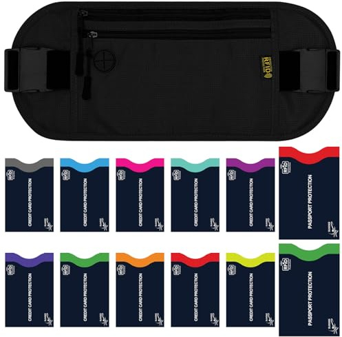 SUNDEE Resepengar bältesväska med 12 RFID-ärmar, dold säkerhetspåse med justerbar rem för män och kvinnor, plånbok för kort pass och telefon, Svart+12 Rfid-ärmar (2 pass+10 kort), Pengar bälte