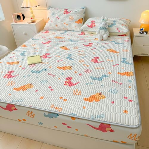 FOREPOTY weich Spannbetttücher,Coole Sommerbettwäsche aus Latex, Matratzenschoner mit Cartoon-Aufdruck für Kinderzimmer, Bettbezug für Kinderzimmer, Dinosaurier, 90 x 200 cm (1 Stück)