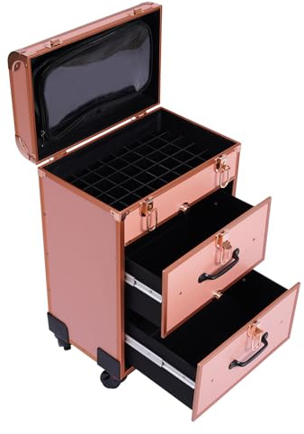CCAUUB 3-Layer Makeup Rolling Train Box, Professional Cosmetic Organiser Box, Large Cosmetic Trolley with Drawers and Locks, Cosmetic Storage Organiser for Travel, gold, Modern