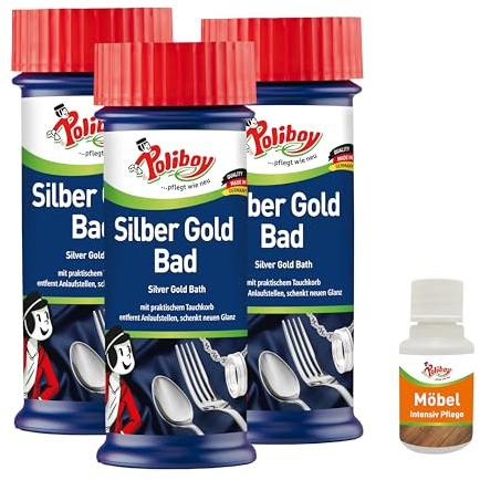 Poliboy Bagno per argento e oro, Bagno di pulizia per gioielli, catene e posate in argento e oro appannati, 3x 375 ml, Con campione di prodotto, prodotto in Germania