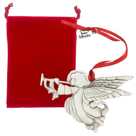 Angel Flying with Trumpet Pewter Ornament (Satin Finish) | High Relief & Detailed Design | Festive Christmas Decor | Hand-Crafted in The USA