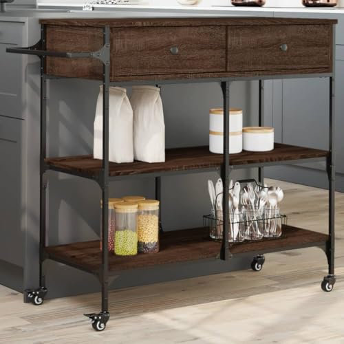 Tidyard Küchenwagen,Rollwagen Teewagen Weinwagen mit 4 Rollen Stauraum,Beistellwagen für Küche Büro Bad,Servierwagen Küchenregal Braun Eichen-Optik 105x42x95 cm Holzwerkstoff