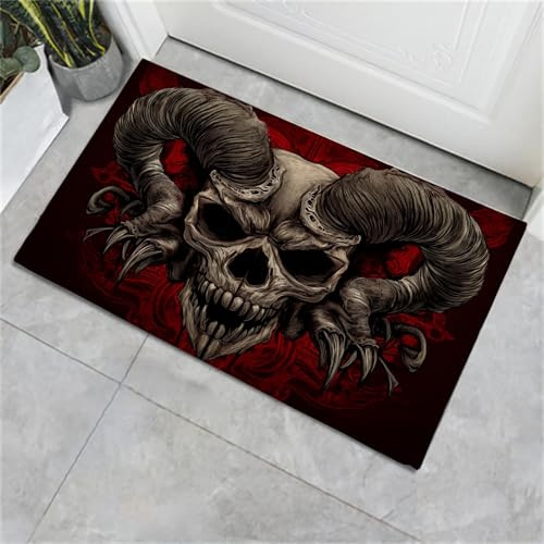 Schmutzfangmatte Innen 50×80CM, Rutschfeste Maschinenwaschbare Fußmatte, Hörner Dämon Totenkopf Sauberlaufmatte, Eingangstürmatte mit Wasserabsorbierenden, Fussmatte Hund Eingang Haustür Flur