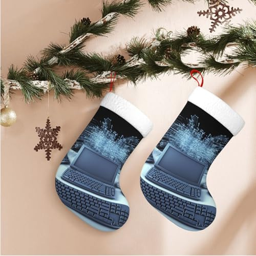 Weihnachtsstrümpfe, Computer- und Internet-Weihnachtsstrümpfe, personalisierbar, mit Plüschmanschette, groß, gestrickt, Weihnachtsstrümpfe, Bauernhaus, Weihnachtsstrümpfe für Kamin, Urlaub,