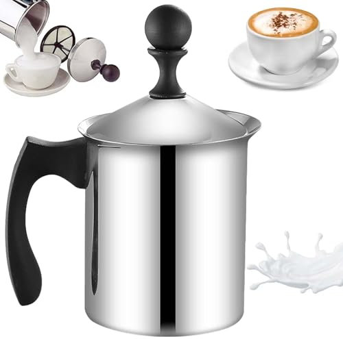 Montalatte manuale, in acciaio inox, 800 ml, schiumalatte manuale, con spine per caffè, perfetta schiuma di latte grazie al doppio setaccio e allo speciale meccanismo di pressione