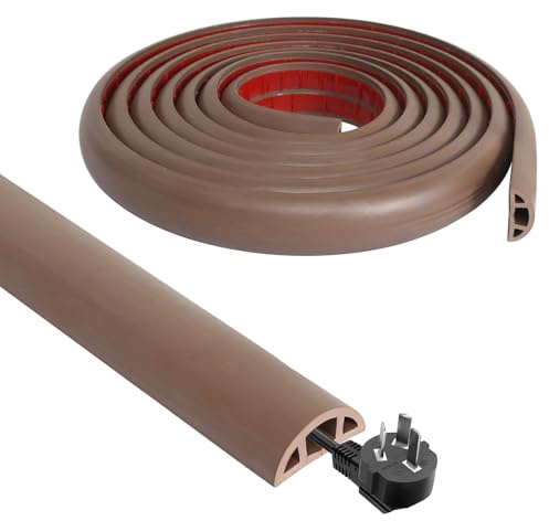 Floor Cable Cover, 3m Floor Cable Protector Self-Adhesive Flexible PVC Power Cable Channel Floor Cord Channel Wire Cover for Cables, Floor Cord Cover for Office Home Garages(Brown)
