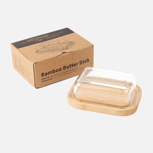 Naturoom Burriera in bambù con coperchio in vetro borosilicato alto per la conservazione del piano di lavoro, contenitore per burro in legno naturale per burro, margarina e formaggio, 15,5 x 11,9 x