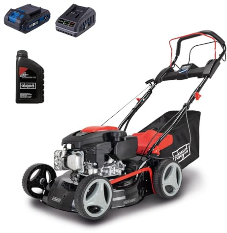 Scheppach Rasenmäher RM420AE | 5in1-3,5PS | Schnittbreite 420mm | 45L Fangkorb | Schnitthöhenverstellung 25-75 mm | inkl. E-Start, Radantrieb, Reinigungsfunktion & Motoröl