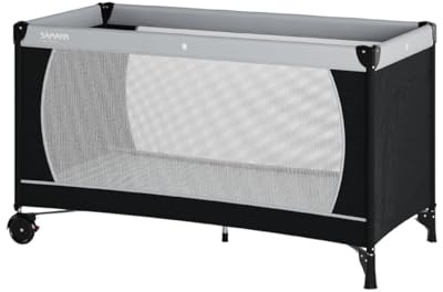 Sämann Reisebett 60x120 cm - fold & go - faltbares Babybett mit feststellbaren Rollen & Matratze Basic | ab Geburt bis 15 kg | zusammenklappbar inkl. Tragetasche | leicht und kompakt | schwarz/grau