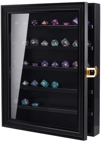 NBEADS Dice Display Case, Wall Mount Lockable Showcase Wood Minifigures Action Figure Cabinet Polyhedral Dice for Collectors for Metal Stone Items Collectors 35x28x5.4cm, Black