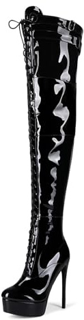 Veelau Meieer Damen Stiefel Plateau Stiletto Overknees Schnürstiefel mit Reißverschluss High Heels Boots mit Riemen Schwarz 37 EU