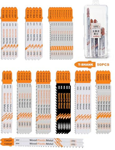 BGTEC 50PCS T Shank Jigsaw Blades Set - HCS/HSS Jig Saw Blades Assortment | For Wood, Plastic and Metal Cutting with Storage Case (T118A,T118B,T127D,T123X,T101AO,T101B,T101BR,T101D,T144D,T345XF)
