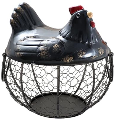 mophrati Chicken Shape Iron Basket With Long-lasting Luster For Kitchen Storage Metal Iron Ceramic Hen Ornament Egg Holder, black