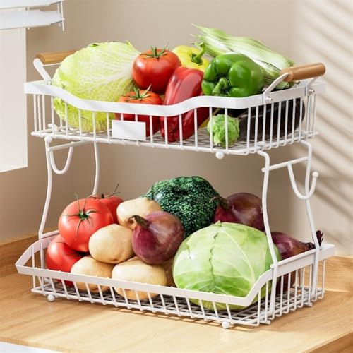 HpLive Corbeille à fruits à 2 étages en métal avec support de banane, panier à légumes pour plan de travail (blanc)
