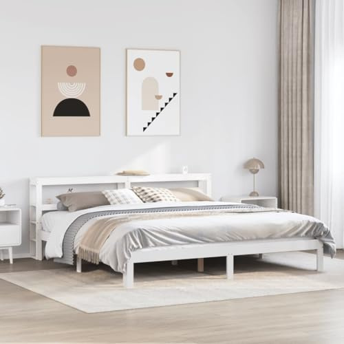 Homvdxl Bett mit Stauraum, 200 x 200 cm, Super-Kingsize-Bett, Bettgestell aus Holz, Bettgestell mit Stauraum, Massivholzbetten mit Holzlatten - Weiß
