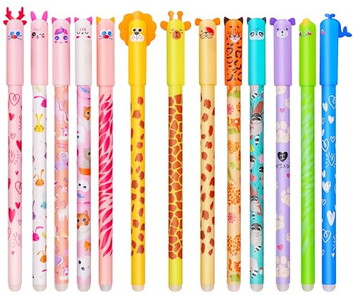HTGWCG Radierbaren Gelstiften mit thermoempfindlicher Radiertinte, verschiedene Tintenfarben und Schaftdesigns, 0,7 mm Spitze, Einhorn, Nilpferd, Schmetterling, Corgi, Tiger, Giraffe 15PCS