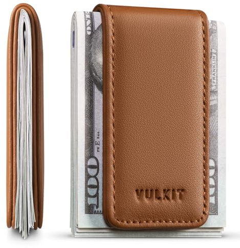 VULKIT Magnetic Money Clip Top Grain Leather Cash Holder Minimalist Design Holds Up to 15 Cash