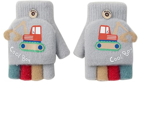 Niedliche Kinderhandschuhe Bagger Motiv Fingerhandschuhe Mit Knopf Klappe Cartoon Fäustlinge Fingerlose Handschuhe Winterhandschuhe Halbfingerhandschuhe Gloves Für Jungen Mädchen Schulkind (3-5Jahre)