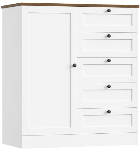 HOCSOK Sideboard, Kitchen Storage Cabinet, White Cupboard with 1 Door and Large Chest of 5 Drawers, Buffet Cabinet for Living Room, Kitchen, Hallway, Study, 85.5x40x97cm