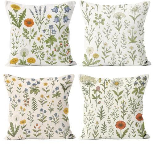 LMHCZD Botanical Herbs Floral Throw Pillow Covers 18x18 Set of 4, Vintage Wildflowers Floral Pillowcase Decoration Cushion Cover for Bed Sofa Living Room