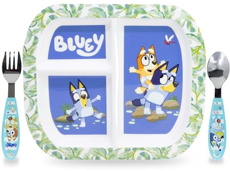 Sorrisini Barnset, 3-delat bestickset med delad tallrik, bestick i rostfritt stål, mikrovågsugnssäker plastservis för extra mat, Bluey Design
