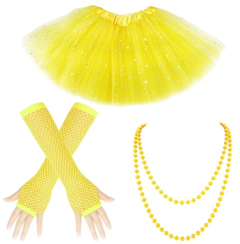 VRYNDH 3 costumes de tournesol pour femme - Costume de fleurs de carnaval avec jupe tutu jaune 40cm,Gants en filet de pêche + collier de 150 cm - cosplay, fête à thème