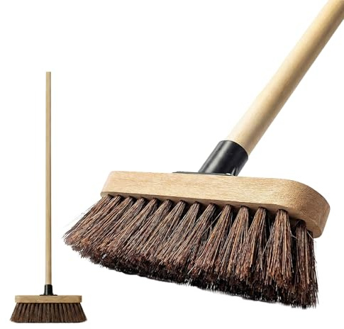 Hard Wooden Handle Broom 10” Outdoor Yard Heavy Duty – Stiff Bassine Bristle Garden Brush with Durable Support Bracket for Driveways, Patios, Decks and Sidewalks (Pack of 1)(10 inches hard broom)