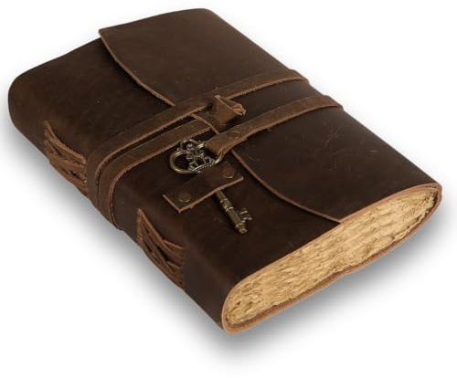 LEARICHI Vintage anteckningsbok med läderband, äkta läder, skrivjournal, rit- och skissbok, handgjord dagbok med antik nyckel, tjocka kontorskant, olinjerade sidor, format B6