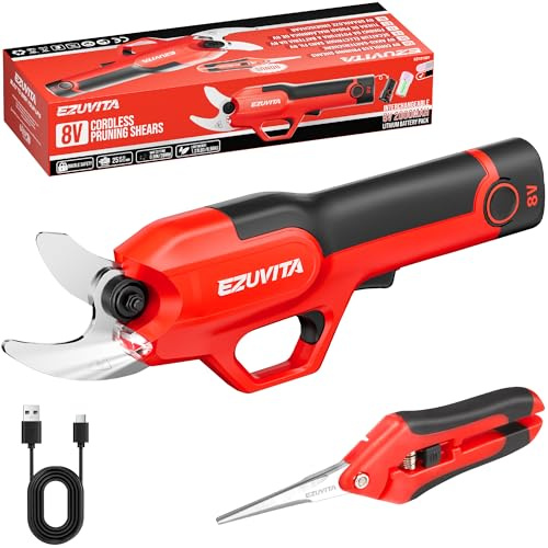 EZUVITA Sécateur Électrique sans Fil 25mm, Sécateur à Batterie avec Lame SK5, Batterie Amovible 2000mAh, Coupe-Branches Électrique avec Sécateur Manuel, pour Jardin, Arbres Fruitiers, Vigne (Rouge) | Coupe de 25 mm ; lame SK5 ; batterie de rechange 2000 mAh ; sans fil et légère de 0,68 kg ; ciseaux à main inclus