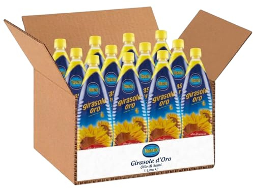 12 X Topazio Olio di Semi di Girasole 100% Vegetale 1L – Ideale per Fritture Dorate e Croccanti – Formato Risparmio 12 Bottiglie