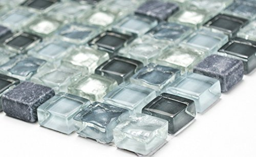 Mosaik Quadrat Crystal/Stein mix klar/grau/silber Glas Naturstein Fliesenspiegel, Mosaikstein Format: 15x15x8 mm, Mattengröße: 322x305 mm, 1 Matte