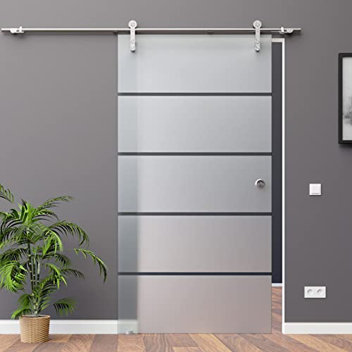 BP1-775LA: Schiebetürsystem ESG 775x2050x8mm Dekor P1, Siebdruck, links; Edelstahl Laufrollensystem SoftStop; Griffmuschel