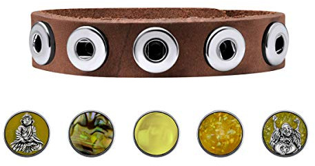 Quiges Femme Bracelets en Cuir Brun Noyer avec 12mm Boutons Pression Style Jaune