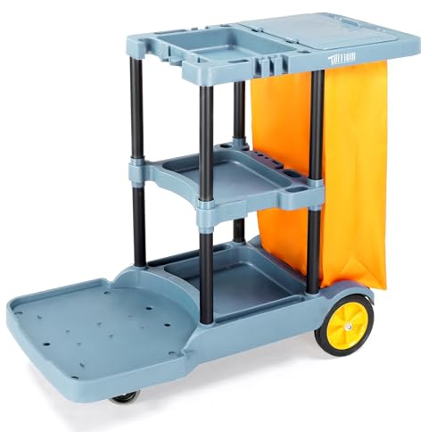 TUFFIOM Commercial Traditional Cleaning Janitorial 3-Shelf Cart, 500 Lbs Capacity Housekeeping Cart, 42.5 L x 18.7 W x 37.6 H, Wheeled with 22 Gallon Yellow Vinyl Bag and Cover w lid, Blue