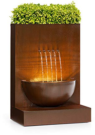 blumfeldt Windflower Gartenbrunnen, Leistung: 11 Watt, inklusive Pflanzschale, für drinnen und draußen, Durchflussmenge: 750 l/h, LED-Lichtleiste, Material: verzinktes Metall, braun
