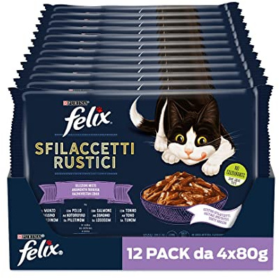 Felix Purina Sfilaccetti Rustici Cibo Umido per Gatti con Manzo, Pollo, Tonno e Salmone 48 buste da 80g