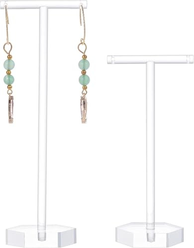 FINGERINSPIRE 2 soportes de acrílico para pendientes en forma de T con agujeros estante de exhibición de joyas organizador de pendientes (base hexagonal transparente y negra, 2 alturas: 14cm y 11cm)