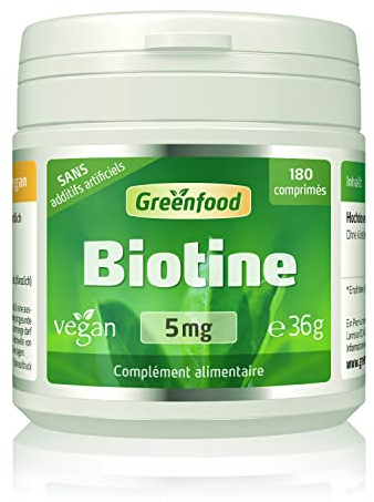 Greenfood Biotine, 5 mg, dose élevée, 180 comprimés, vegan - pour le maintien de la peau normale et les cheveux. SANS additifs artificiels. Sans OGM.